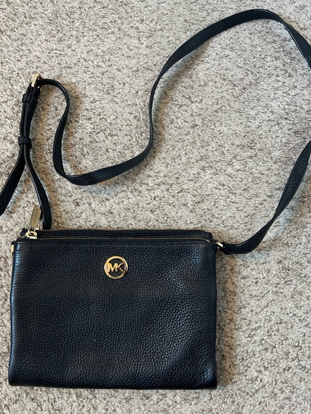 MICHAEL Michael Kors Black Pebbled Leather Double-Zip Crossbody with Gold Logo